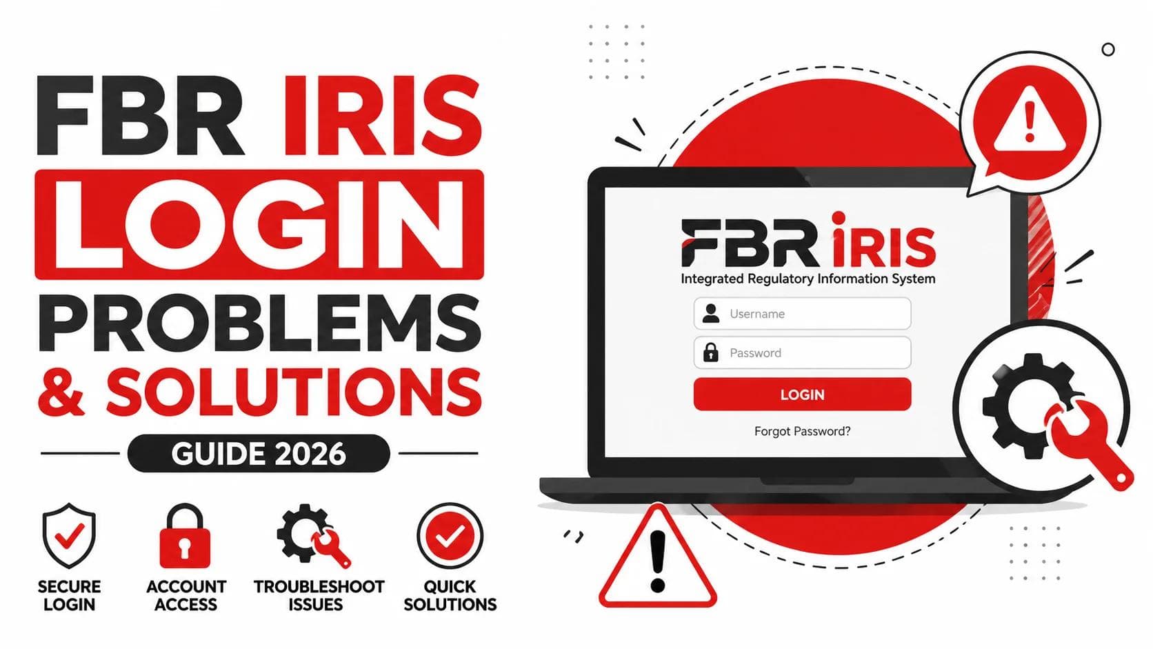 FBR IRIS Login Problems and Solutions Guide 2026 banner showing a laptop with the FBR IRIS login page, login error warning icon, troubleshooting symbols, and secure access graphics on a white background.